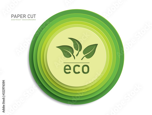 3d green eco button shapes on white background in paper cut style and leaves. Vector design multi layered wheels width shadow.