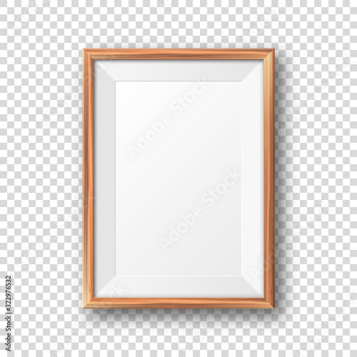Realistic blank wooden picture frame. Modern poster mockup. Empty photo frame with texture of wood. Art gallery. Vector illustration.