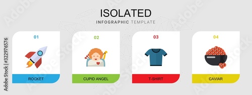 4 isolated flat icons set isolated on infographic template. Icons set with rocket, cupid angel, t-shirt, caviar icons.