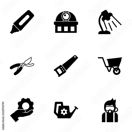 9 equipment filled icons set isolated on white background. Icons set with Marker, observatory, Table lamp, Garden pruner, Hand saw, wheelbarrow, Services, Watering can icons.