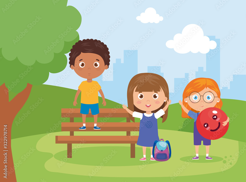 children with school supplies in park chair vector illustration design