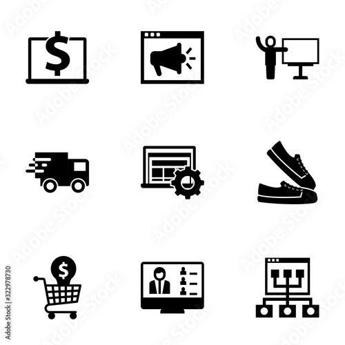 9 training filled icons set isolated on white background. Icons set with Computer-Based Training, Video training, coach, Webinar, Interactive Course, sneakers, Online icons.