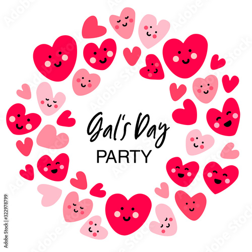 Cute card with hand drawn hearts for girls friends celebrating valentines day