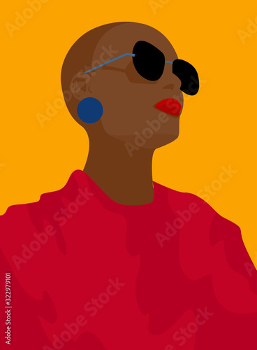 Portrait of a bald frican stylish woman in sunglasses. Young fashionable girl portrait for design card, modern party invitation, feminism conceptual event, girls power poster, shop sale etc