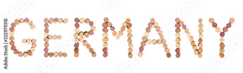 The word GERMANY is made from wine corks. Isolated on white background