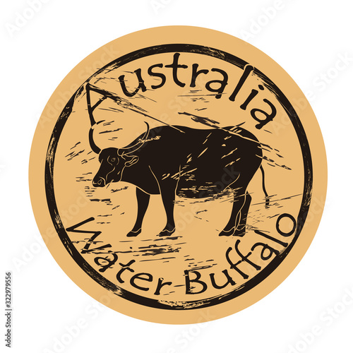 Wild Asian water buffalo silhouette icon round shabby emblem design old retro style. Buffalo in full growth. Australian Buffalo Full Breed logo mail stamp on craft paper vintage grunge sign.