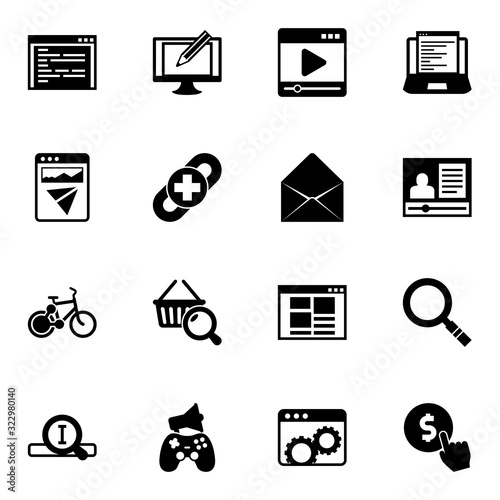 16 website filled icons set isolated on white background. Icons set with coding, Digital illustration, media player, Landing page, link building, Envelop, bike sharing icons.