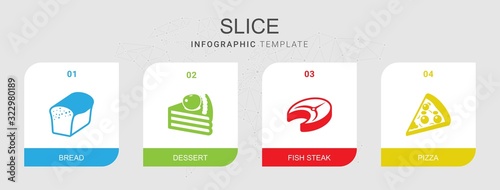 4 slice filled icons set isolated on infographic template. Icons set with bread, dessert, fish steak, Pizza icons.
