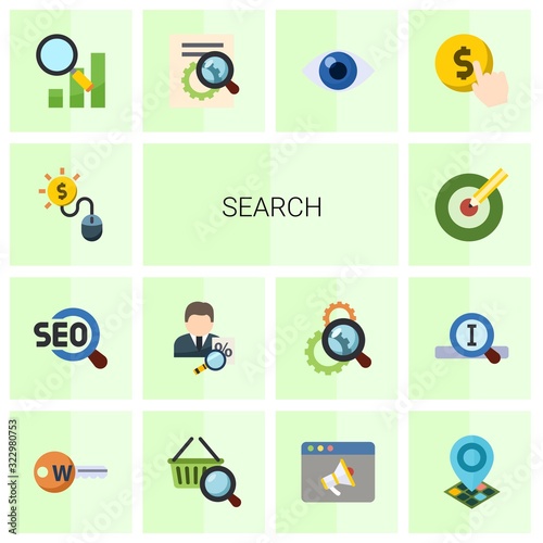 14 search flat icons set isolated on white background. Icons set with Pay per click, SEO, tax consultant, Target keywords, Semantic Analysis, SEO optimization, vision, Cost per click icons.