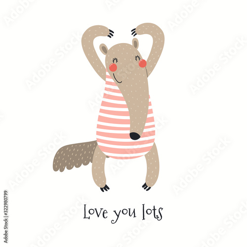 Hand drawn Valentines day card with cute anteater making heart, quote Love you lots. Vector illustration. Isolated on white background. Scandinavian style flat design. Concept for kids print, invite. photo