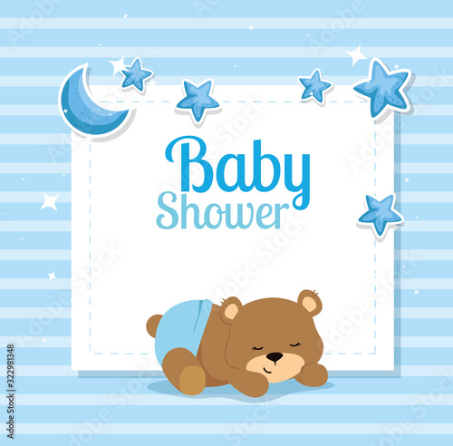 baby shower card with cute bear and decoration vector illustration design