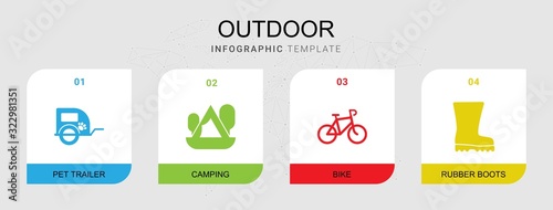 4 outdoor filled icons set isolated on infographic template. Icons set with pet trailer, Camping, Bike, Rubber boots icons.