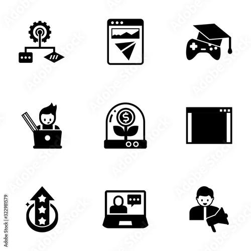 9 development filled icons set isolated on white background. Icons set with Algorithm, Landing page, Open Source, graphic designer, Business incubator, software, level up icons.