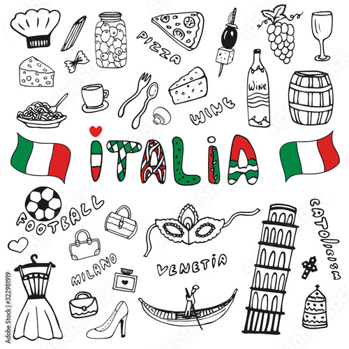 Doodle hand drawn collection of Italy icons. Italy culture elements for design. Vector travel set. Handwriting Italia lettering in italian language - Italy