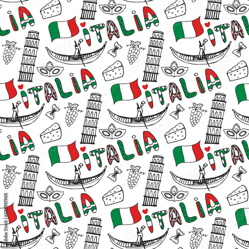 Italy hand drawn seamless pattern  with flag. Vector travel background. Italia lettering