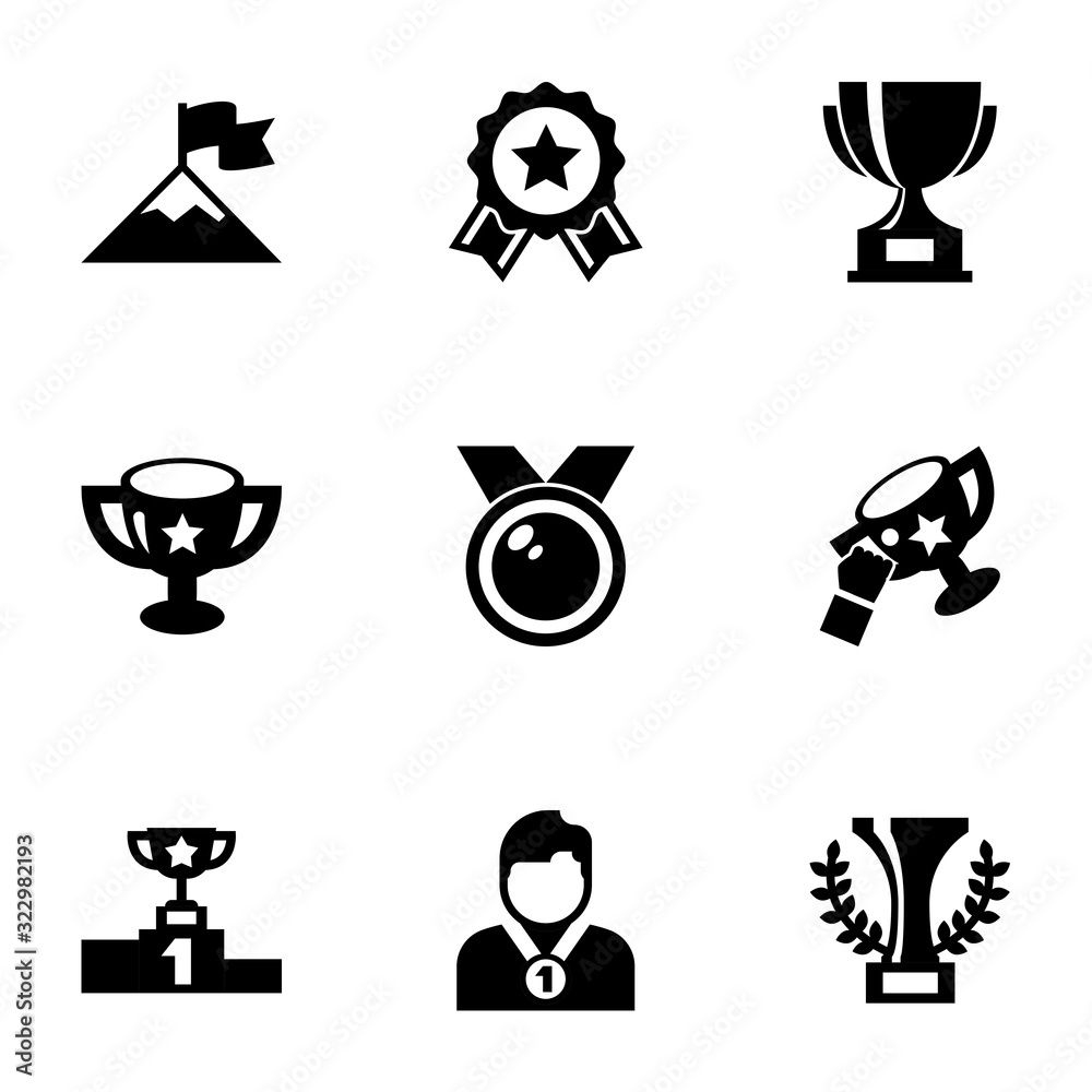 9 champion filled icons set isolated on white background. Icons set with attainment, achievement, reward, award, medal, success, competition, winner icons.