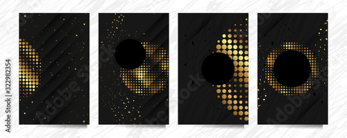 Elegant creative card templates set. Collection of romantic invitations with gold abstraction background line color