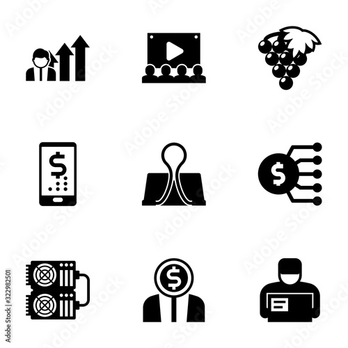 9 illustration filled icons set isolated on white background. Icons set with Business opportunity, Audience, Winemaking, digital banking, Binder clip, Marketing budget icons.