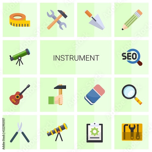 14 instrument flat icons set isolated on white background. Icons set with Astronomy, Guitar playing, Handicraft, SEO, measuring, tools, trowel, Pencil, Gardening scissors icons.
