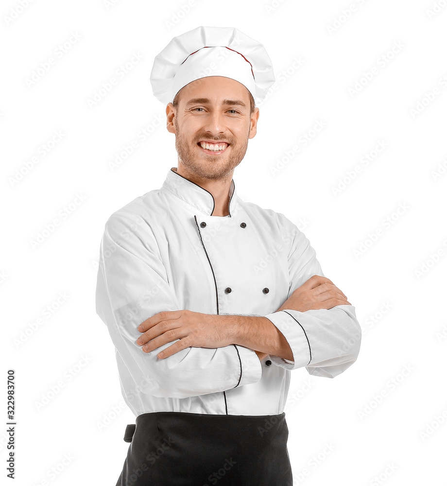 Handsome male chef on white background