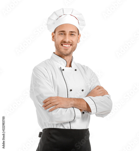 Handsome male chef on white...