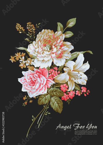 Colorful flower on dark background,Flowers watercolor illustration,leaves and floral，Design for textile, wallpapers