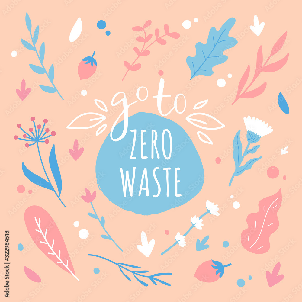 Zero waste concept. Lettering with hand drawn design elements. Household goods. 