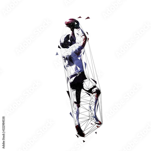 American football player jumping and catching ball, low polygonal isolated vector illustration