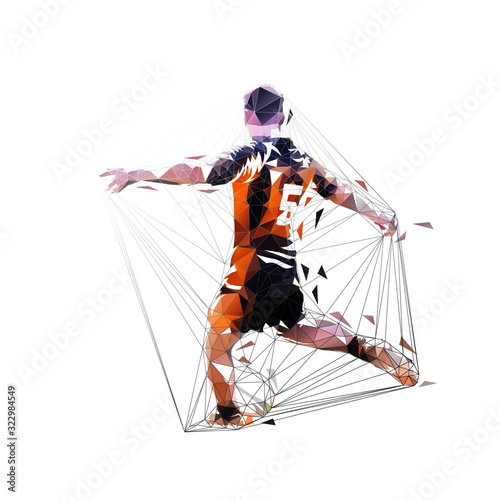Rugby player kicking ball, low polygonal isolated vector illustration, rear view