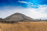 The sun pyramid in Teotihuacan. View with sky. Travel photo, background, wallpaper. Mexico.