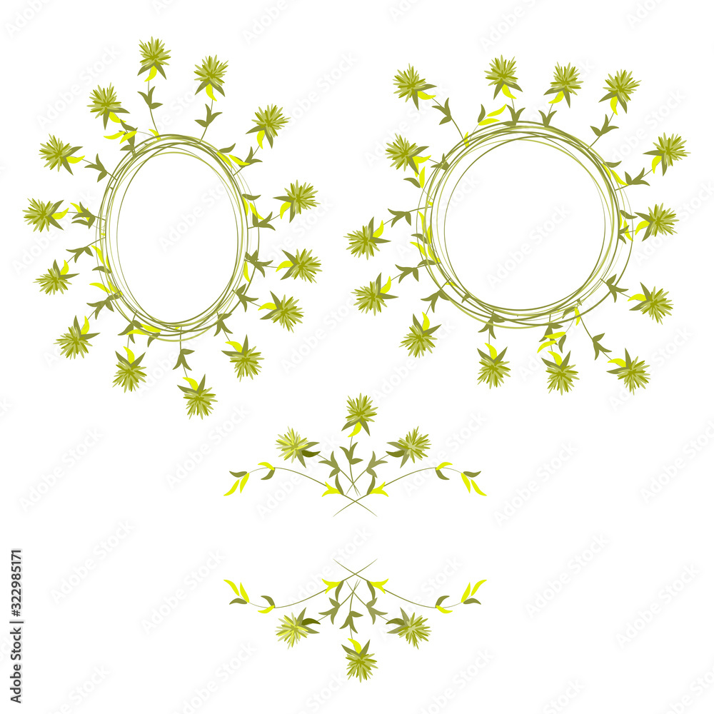 Fototapeta Set of wreath frames of monochrome gold flowers. Botanical vector illustration. Samples on white background.