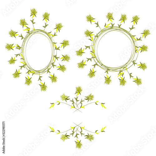 Fototapeta Set of wreath frames of monochrome gold flowers. Botanical vector illustration. Samples on white background.