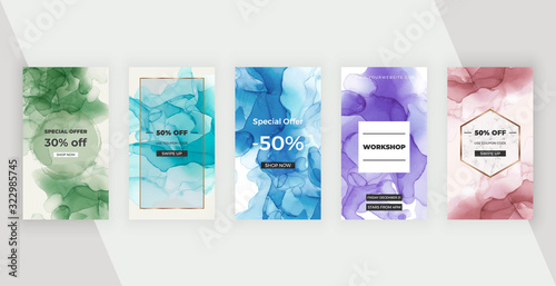 Editable social media stories banners with alcohol ink texture. Geometric shape with watercolor washes.