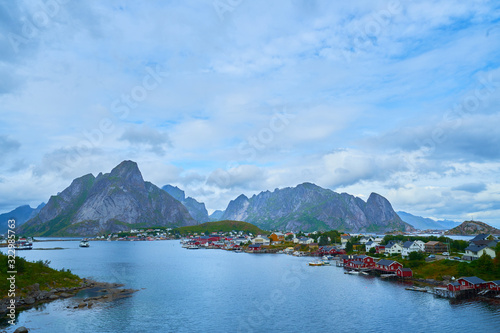 beautiful fjord view and town, reine in lofoten island, norway
