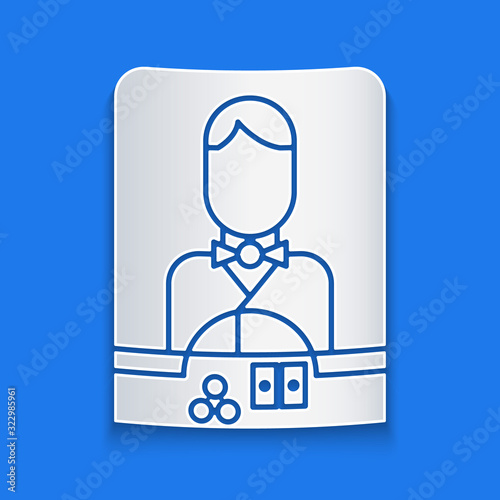 Paper cut Casino dealer icon isolated on blue background. Casino croupier. Paper art style. Vector Illustration