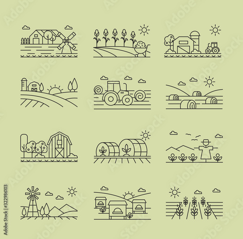 Agricultural icons black and white linear set. Harvesting combine, agrimotor, scarecrow on field. Corn, wheat and grain. Cultivating and farming illustrations isolated on green background.