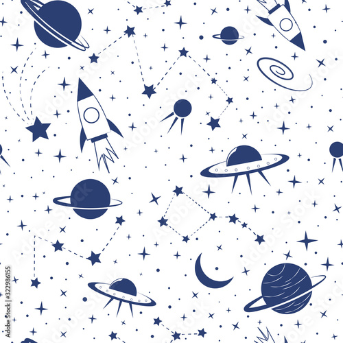 Seamless pattern with space elements. Vector pattern with image of rockets, planets, UFO, constellations. Ideal for children's design, fabric, packaging, textiles. Blue objects on an isolated layer.