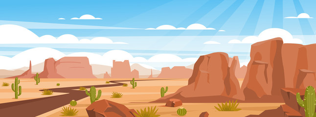 Acrylglasbilder Blau Sandy desert landscape colorful flat vector illustration. Empty valley with rocks, crags and green cactuses. Dry land with draughts and hot climate. Arizona beautiful panoramic view.  © Natalia
