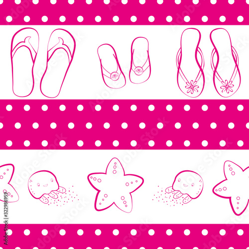 Flip flop shoe background. Seamless vector pattern. Hand drawn outline style with stripes and sea creatures. White and pink colors. Tropical beach vacation concept