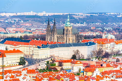 Aerial view of Prague Castle, Czech: Prazsky hrad, with Saint Vitus Cathedral. Panoramic view from Petrin lookout tower. Prague, Czech Republic