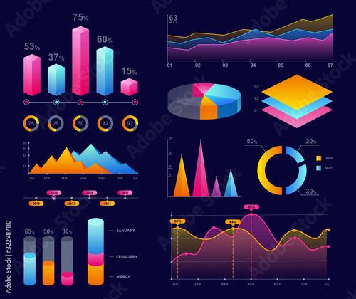 Charts, diagrams and graphs colorful vector illustrations set. Dot, pie and dots bright neon charts collection. Infographics pack. Business marketing, statistics, data analyzation.