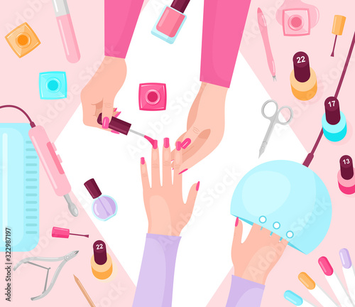 Professional manicure table flat vector illustration. Manicurist and female customer hands closeup top view. Cosmetologist varnishing clients fingernails. Fashionable beauty parlor service.