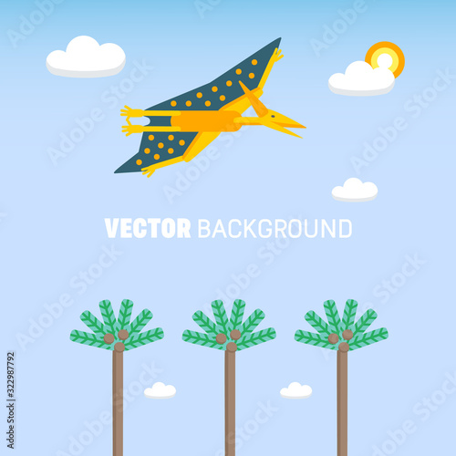Simple background with flat style icon of flying Pteranodon. Pictogram of pterosaur and landscape for print on t-shirt or design card.