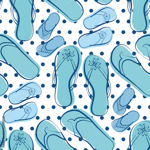 Flip flop shoe seamless vector pattern. Hand drawn line art. White and navy blue colors on polka dot background. Family summer beach vacation concept