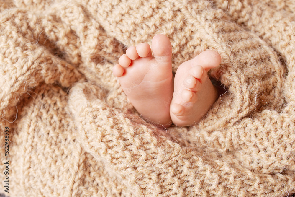 Close up of new born baby feet on knitted plaid in a wattled basket. Soft newborn baby heel. Baby. Cozy. Family Close up of new born baby feet on knitted plaid in a wattled basket. Soft newborn baby heel. Baby. Cozy. Family