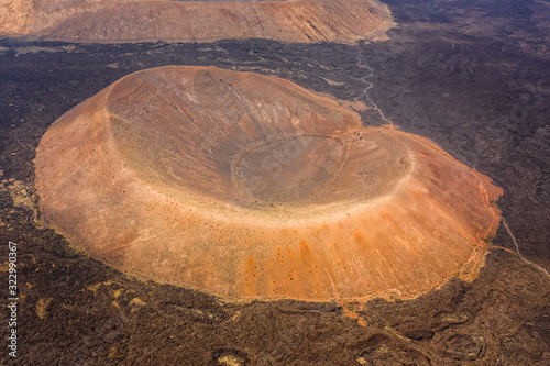 Aerial view of Timanfaya, national park, Caldera Blanca, panoramic view of volcanoes, mountains, vineyards, terrain, wild nature, Lanzarote, Canary Islands, Spain