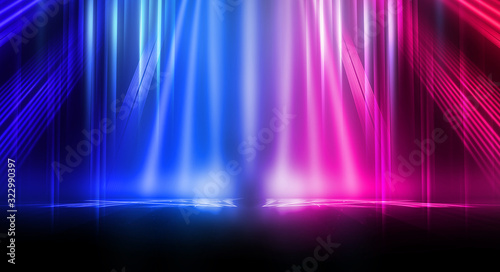 Empty stage  blue and pink  purple  neon  abstract background. Rays of searchlights  light  abstract tunnel  corridor.