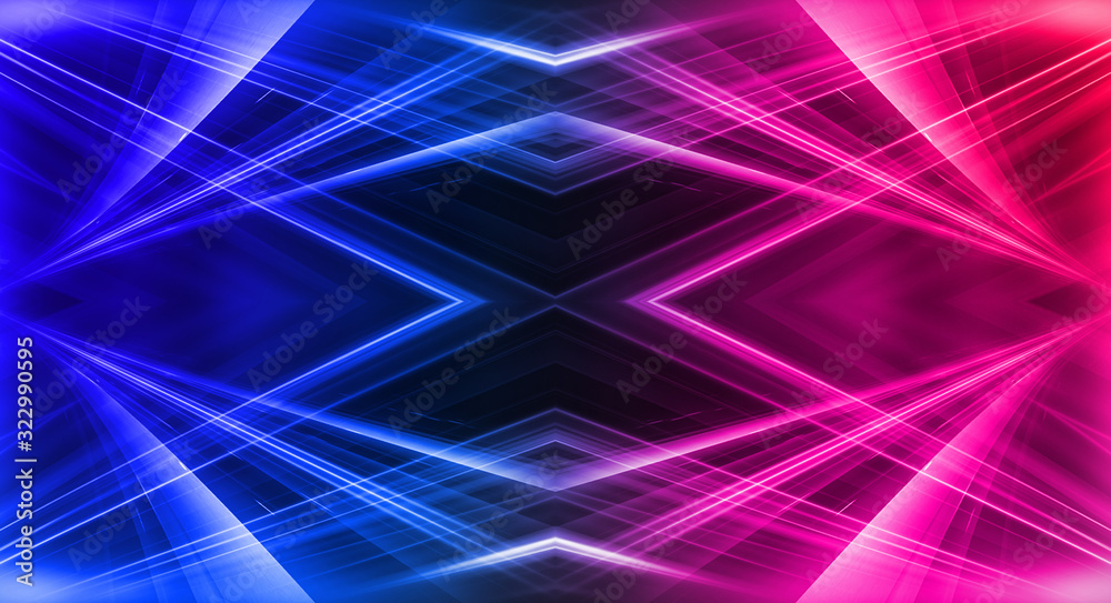 Fototapeta premium Empty stage, blue and pink, purple neon, abstract background. Rays of searchlights, light, abstract tunnel, corridor.