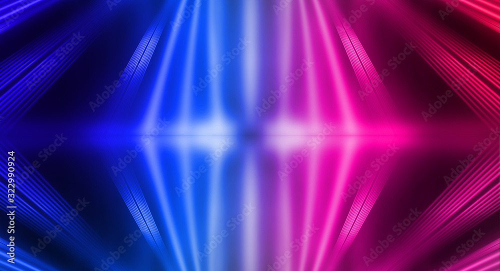 Fototapeta premium Empty stage, blue and pink, purple neon, abstract background. Rays of searchlights, light, abstract tunnel, corridor.