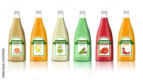Sauce set. Soy Wasabi Mustard Ketchup Hot Chili Mayonnaise sauces. Food icons with text logo on plastic squeeze packaging, glass bottle. 3d realistic vector 